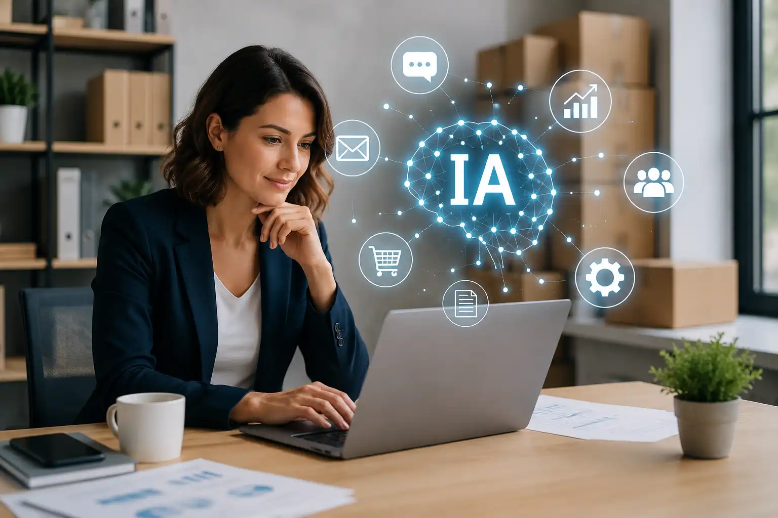 Profesional utilizando Inteligencia Artificial para mejorar la gestión de una PYME